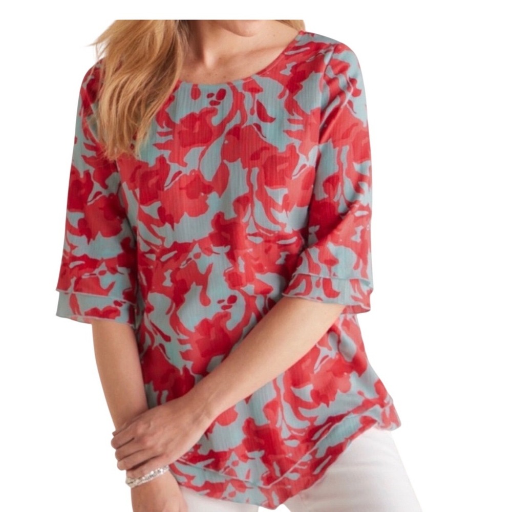 Soft Surroundings Coral Turquoise Floral Gauzy Blouse 3/4 Sleeve Medium